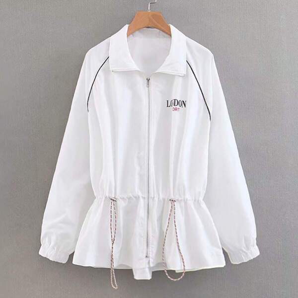 

Letter Print Drawstring Waist Windbreaker Jacket