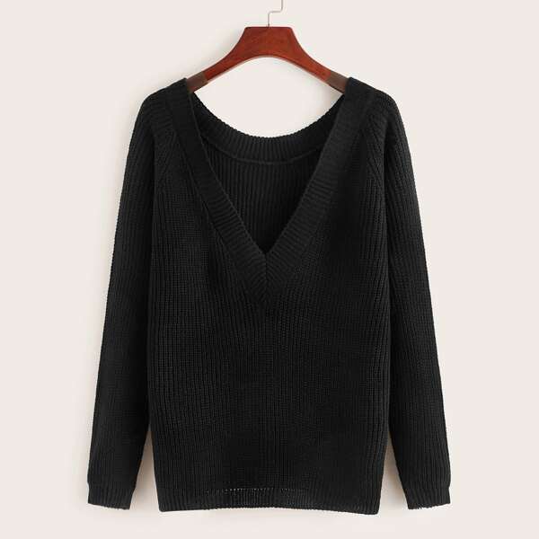 Solid V-neck Raglan Sleeve Sweater, Black