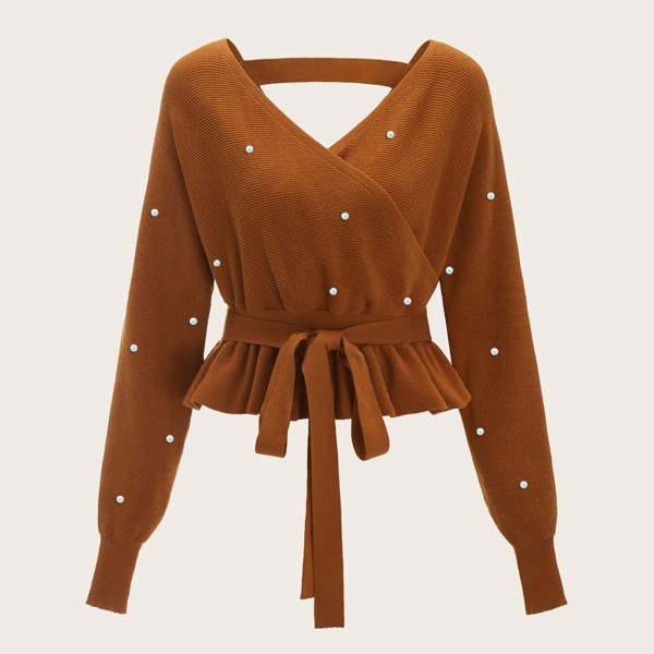 

Surplice Neck Pearls Self Tie Sweater, Brown