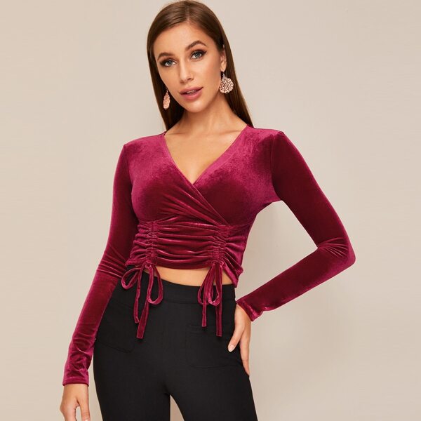 

Velvet Surplice V-neck Drawstring Crop Tee, Burgundy