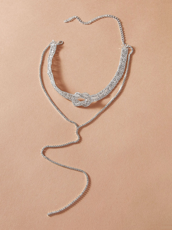 

Rhinestone Design Layered Lariat Necklace 1pc, Silver
