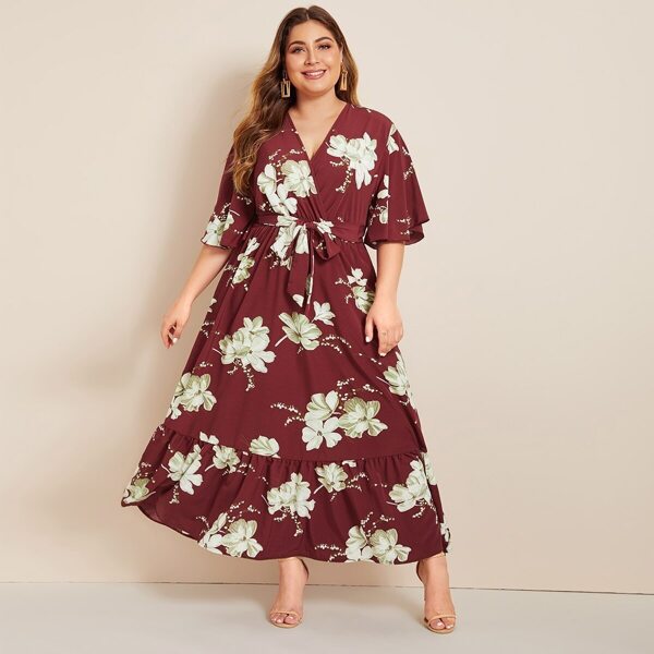 

Plus Floral Print Belted Ruffle Hem Dress, Burgundy