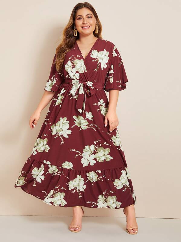 

Plus Floral Print Belted Ruffle Hem Dress, Burgundy, Carol