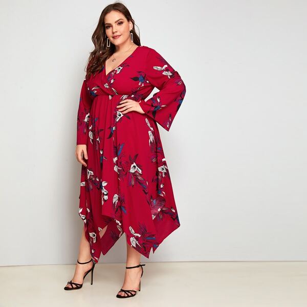 

Plus Floral Print Hanky Hem Dress, Red