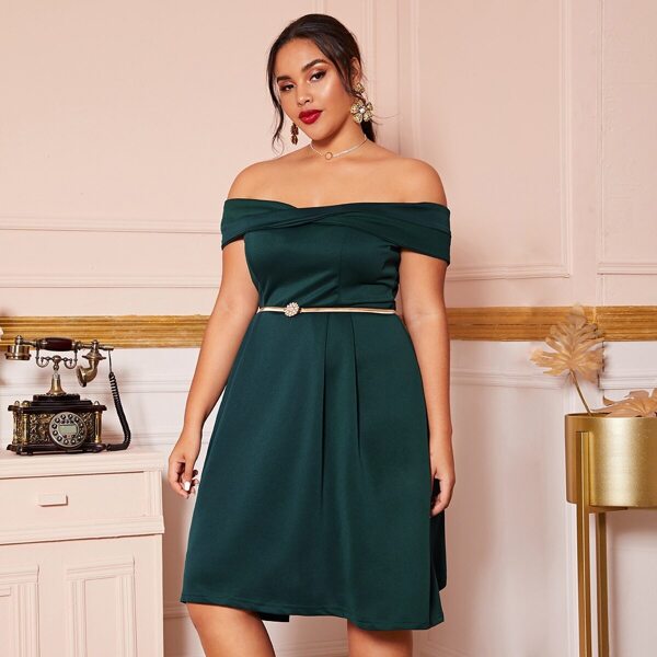 

Plus Off Shoulder Midi Dress Without Belt, Green