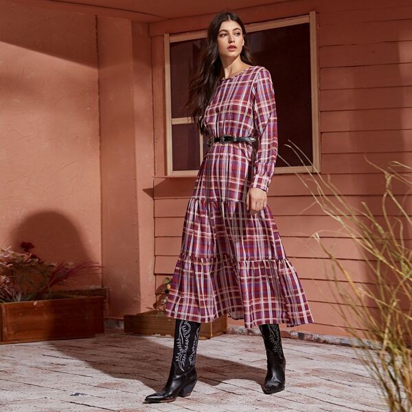

Plaid Print Ruffle Hem Dress Without Belt, Red