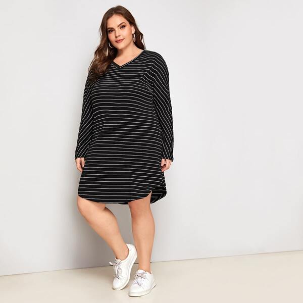 

Plus Striped Curved Hem Dress, Black