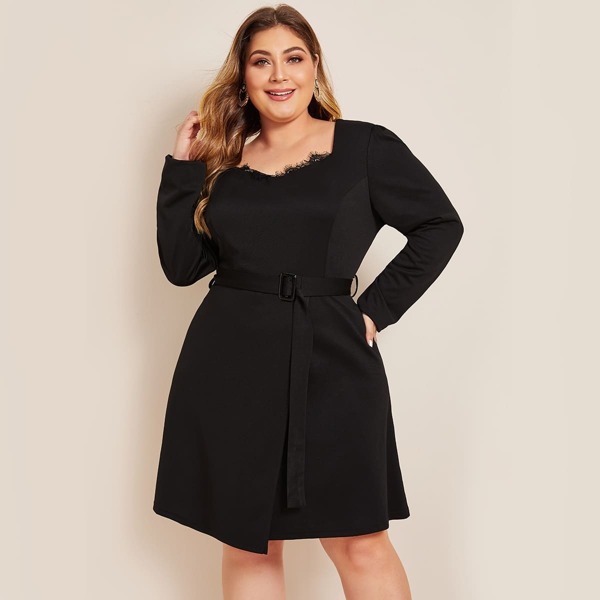 

Plus Lace Trim Buckle Belted Dress, Black
