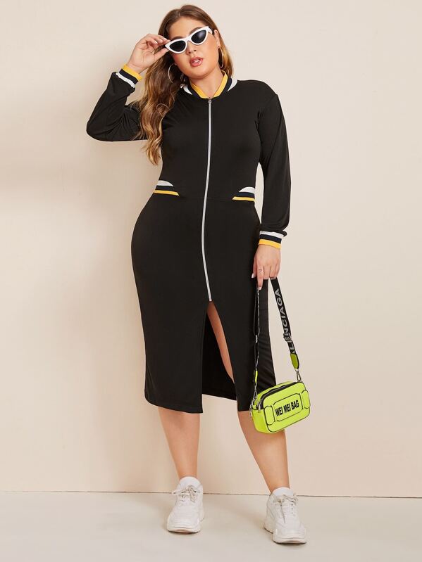 

Plus Striped Zip Up Longline Bomber Jacket, Black, Carol