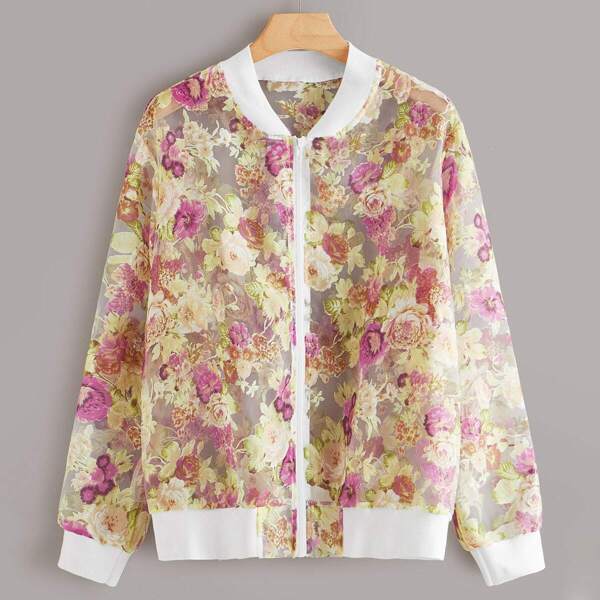 

Plus Floral Print Mesh Bomber Jacket, Multicolor