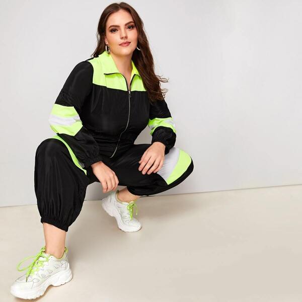 

Plus Colorblock Zip Up Windbreaker Jumpsuit, Black