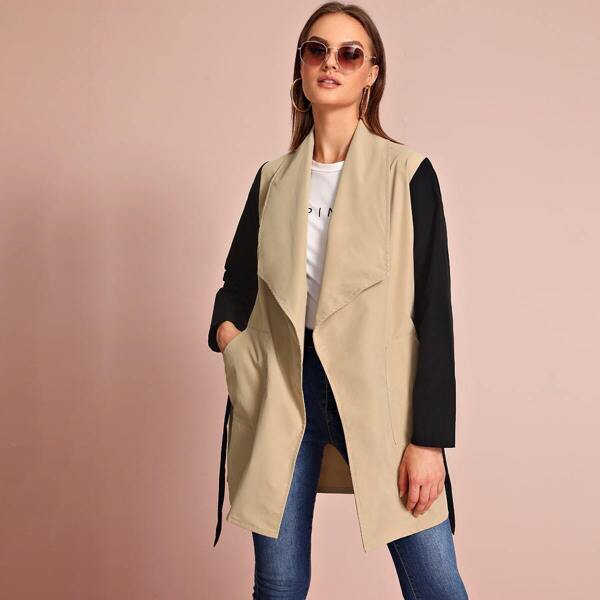 

Colorblock Waterfall Collar Belted Trench Coat, Khaki