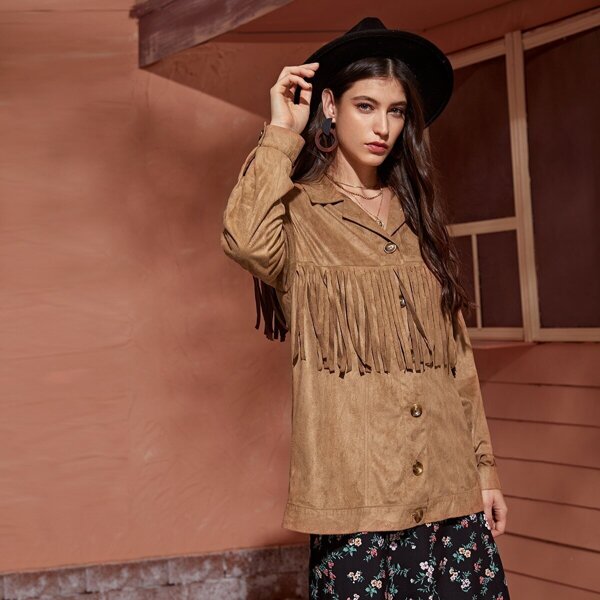 

Fringe Trim Lapel Collar Suede Coat, Brown