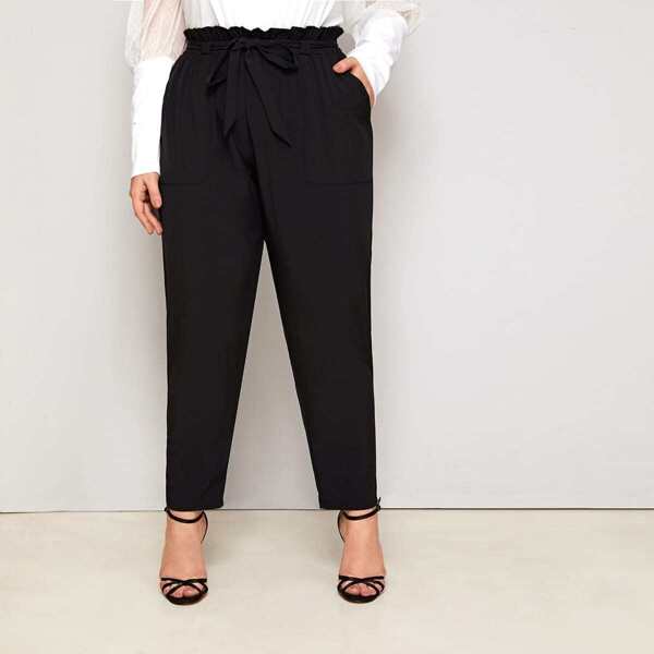 

Plus Paperbag Waist Belted Tapered Pants, Black