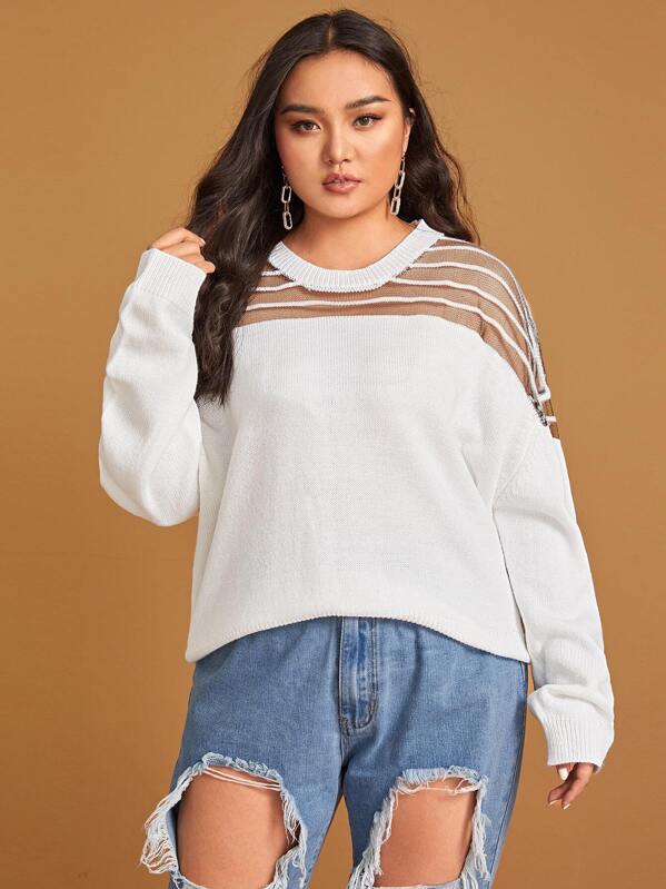 

Plus Mesh Insert Drop Shoulder Sweater, White, Ma Tian