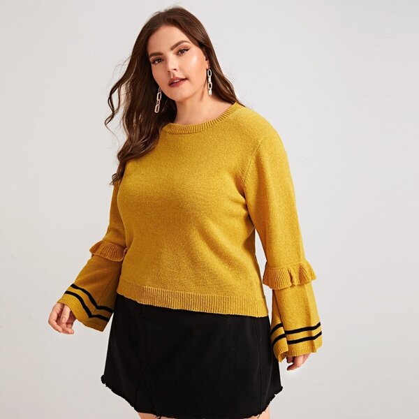 

Plus Striped Ruffle Trim Flounce Sleeve Sweater, Yellow