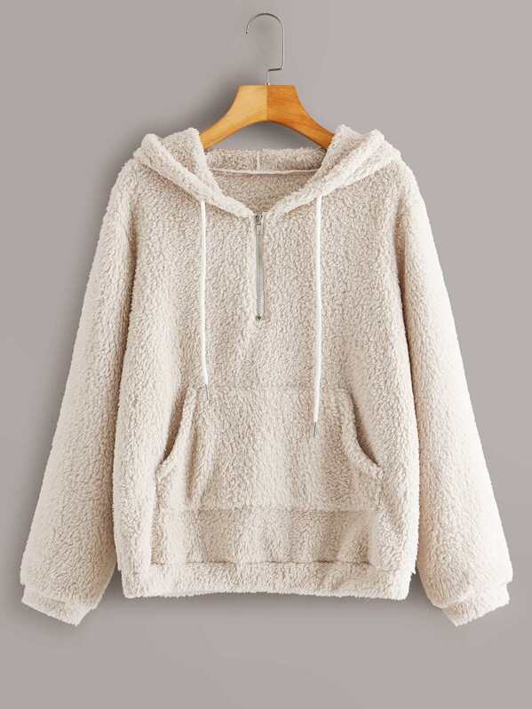 

Zip Half Kangaroo Pocket Teddy Hoodie, Beige