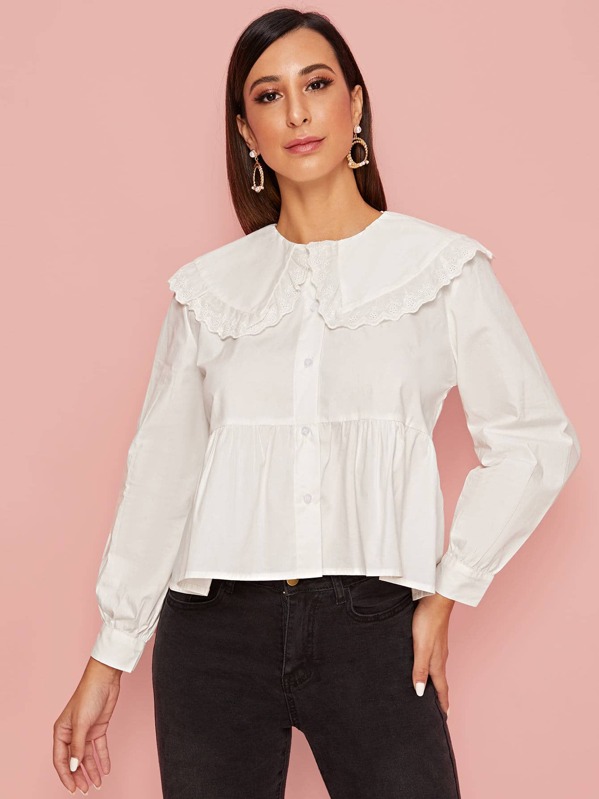 

Eyelet Embroidery Peter Pan Collar Babydoll Blouse, White, Gabe