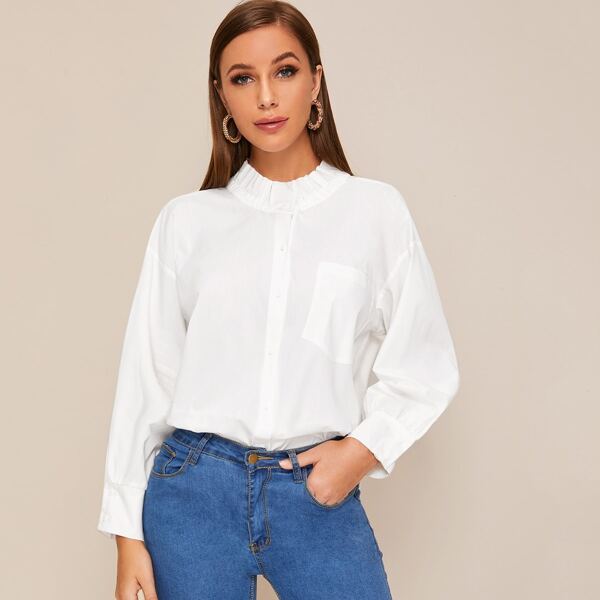 

Frill Mock Neck Button Through Blouse, White
