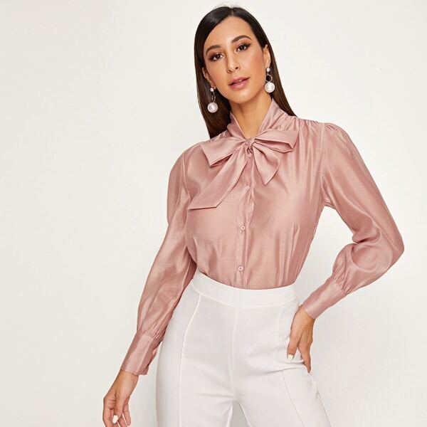 

Tie Neck Puff Sleeve Button Through Blouse