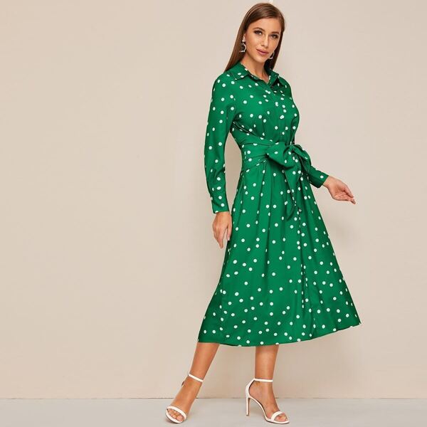 

Polka Dot Print Self Tie Shirt Dress, Green