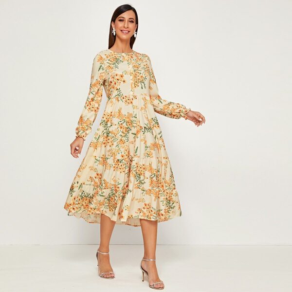 

Floral Print Shirred Cuff Flared Hem Dress, Multicolor