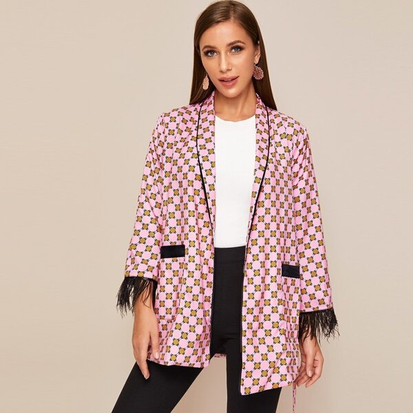 

Geometric Print Fringe Cuff Shawl Collar Coat, Multicolor