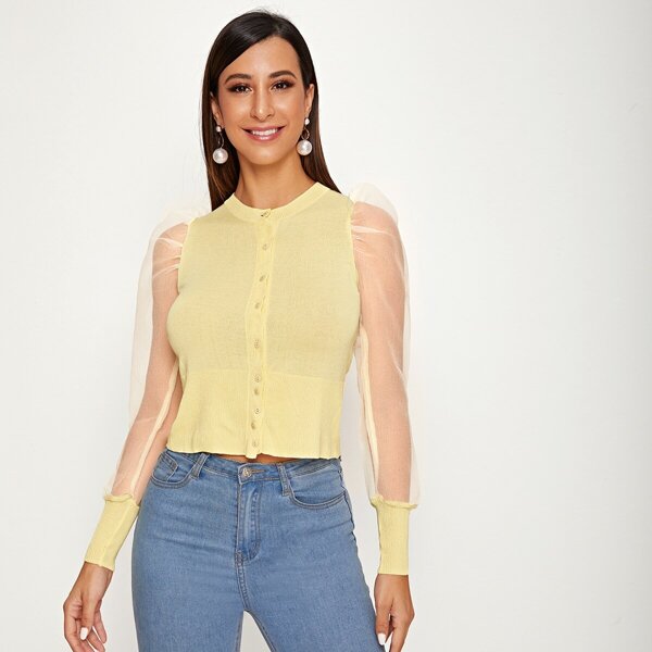 

Contrast Sheer Mesh Button Through Cardigan, Yellow