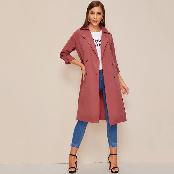 

Lapel Belted Roll Up Sleeve Trench Coat