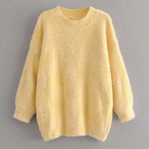 

Solid Fluffy Mohair Round Neck Sweater