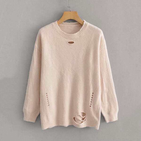

Solid Ripped Drop Shoulder Sweater