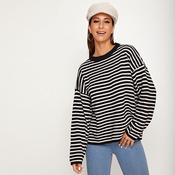 

Striped Drop Shoulder Round Neck Sweater, Black and white