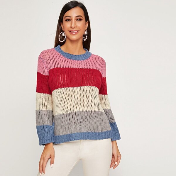 

Colorful Striped Pointelle Chunky Knit Sweater