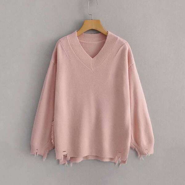 

Solid V-Neck Ripped Trim Jumper