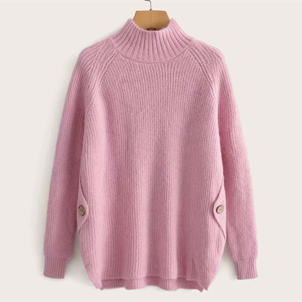 

High Neck Button Detail Raglan Sleeve Sweater, Pink
