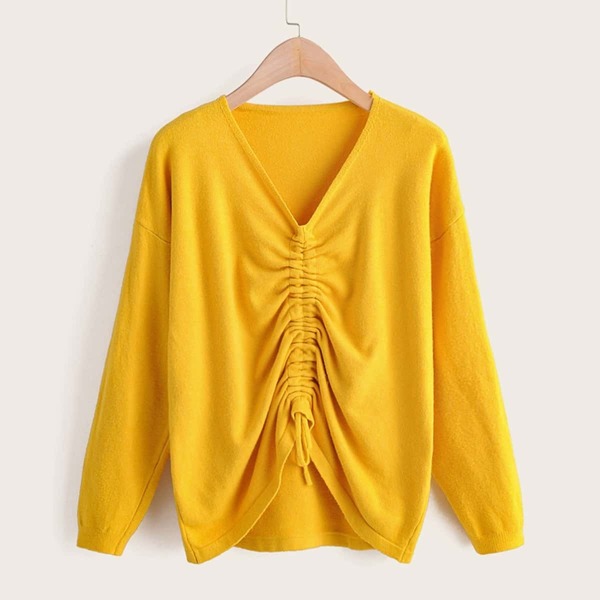 

Solid V-Neck Ruched Drawstring Sweater