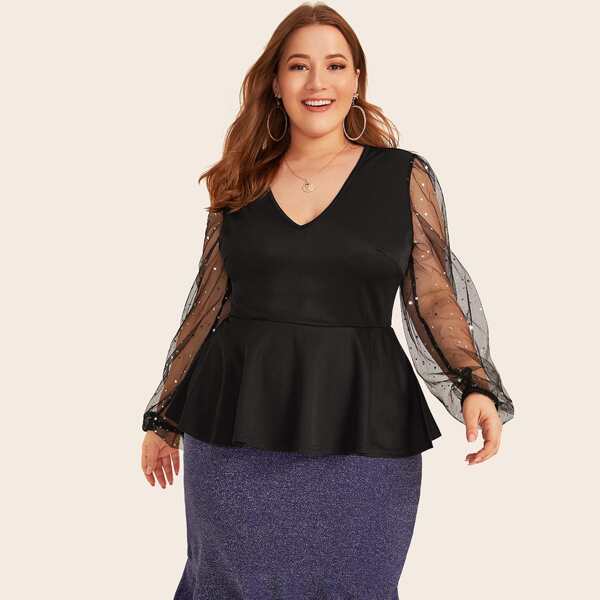 

Plus Sheer Star Mesh Sleeve Peplum Top, Black