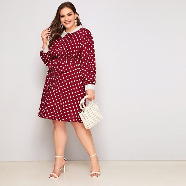 

Plus Polka-dot Peter Pan Collar Belted Dress, Burgundy