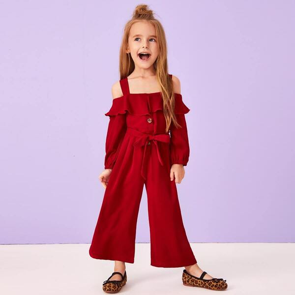 

Toddler Girls Open Shoulder Belted Wide Leg Jumpsuit