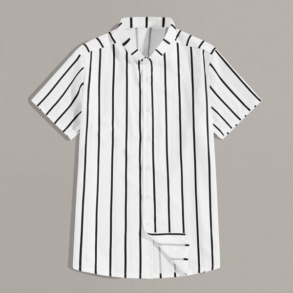 

Men Stand Collar Button Front Striped Shirt, Black and white