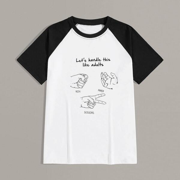 

Men Hands Print Raglan Sleeve Tee, Black and white