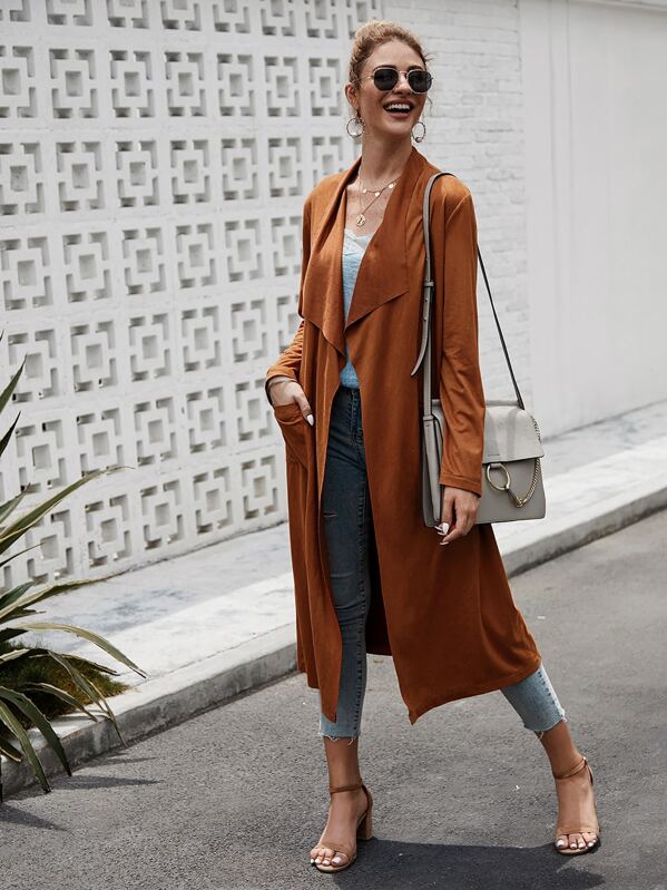 

Solid Waterfall Longline Trench Coat, Brown