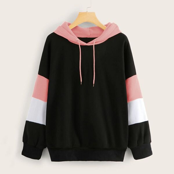 

Drop Shoulder Contrast Panel Drawstring Hoodie, Black