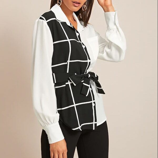 

Two Tone Plaid Button Front Belted Blouse