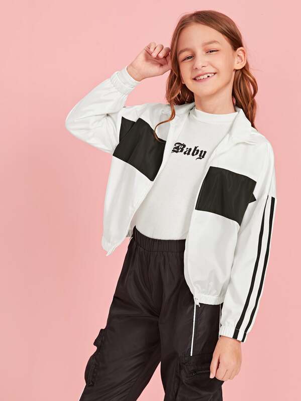 

Girls Striped Sleeve Two Tone Windbreaker Jacket, White, Sashab