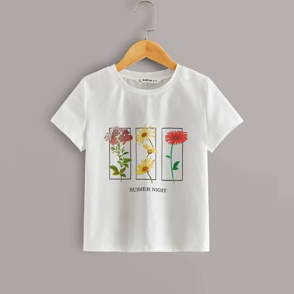 

Girls Botanical and Slogan Tee, White