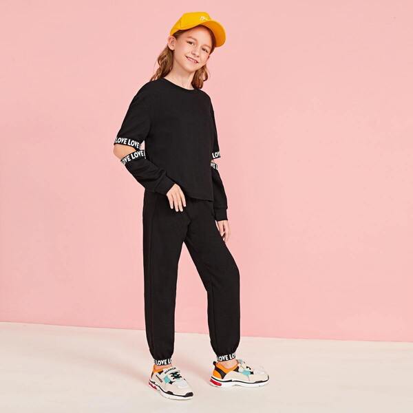 

Girls Letter Tape Detail Open Sleeve Sweatshirt and Joggers Set, Black
