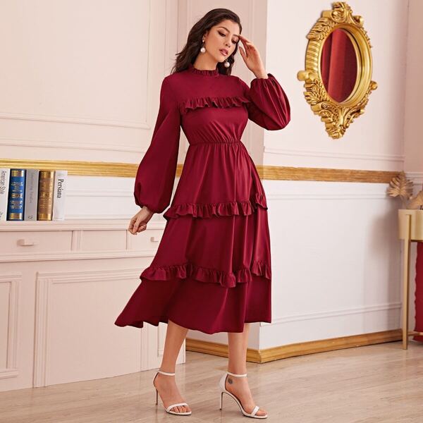 

Frill Trim Lantern Sleeve Solid Dress, Burgundy