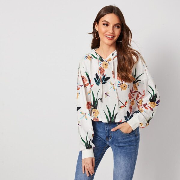 

Botanical Print Drawstring Hoodie, White