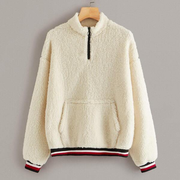 

O-ring Zip Front Striped Trim Teddy Sweatshirt, Beige pastel